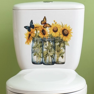 Waterproof PVC toilet stickers with realistic sunflowers and butterflies for bathroom decor