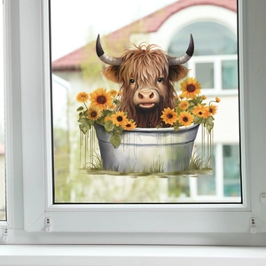 Mignonne Vache Des Highlands Avec Tournesols Dans Un Seau En Métal Sticker Mural Imperméable En PVC Décalcomanie Décorative Pour Salon Chambre Salle De Bain Décoration