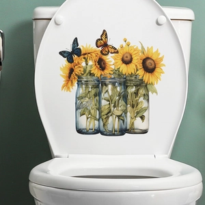 Sunflower Mason Jar Toilet Lid Sticker PVC Waterproof Floral Wall Decal With Butterflies For Bathroom Home Decoration