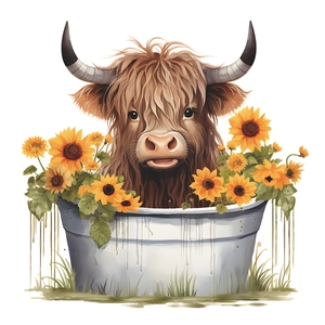 Détail d'un sticker mural vache des Highlands et tournesols dans un seau