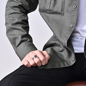 Minimalist double-layered silver titanium steel open ring for men shown on finger