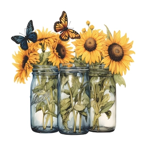 Three clear glass mason jars with blooming sunflowers and butterflies on white background