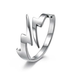 Minimalist lightning bolt cutout open ring in polished silver stainless steel for women