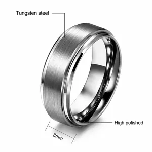 Detail of 8mm silver tungsten ring with brushed matte finish and polished beveled edges