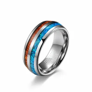 Wolframkarbid Ring Mit Holzeinlage Und Synthetischem Opal Muschel Band Für Damen Herren Vintage Polierter Schmuck Geschenk