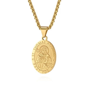 Gold oval Saint Thomas Aquinas medal pendant necklace with wheat chain on white background