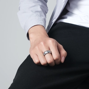 Men's silver tungsten steel ring with dual-groove ice silk inlay and polished finish