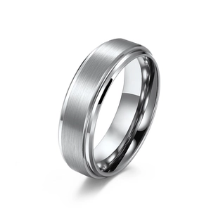 Brushed silver tungsten ring with polished edges in a minimalist unisex style