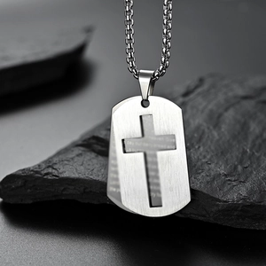 Brushed stainless steel hollow cross dog tag necklace with engraved prayer pendant