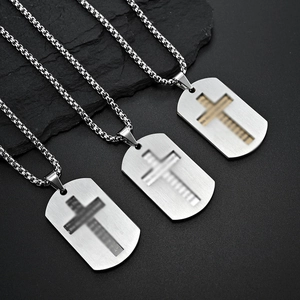 Double-layered stainless steel dog tag necklace with hollow cross and box chain