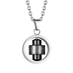 Minimalist silver stainless steel chain with a rotating black geometric pendant for men