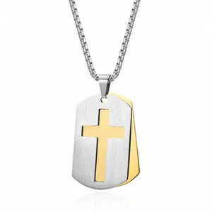 Men Stainless Steel Double Layer Cross Dog Tag Pendant Necklace Religious Prayer Bible Verse Military Style Jewelry Gift