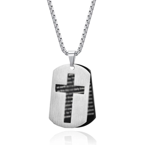 Double-layered stainless steel dog tag necklace with hollow cross and prayer engraving