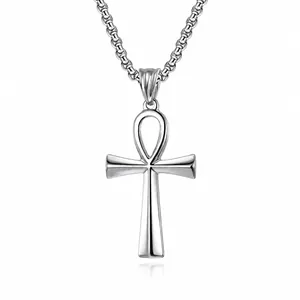 Polished stainless steel Egyptian Ankh cross pendant necklace with round link chain