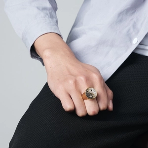 Golden Tai Chi Yin Yang signet ring with black and white zircon stones for men
