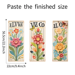 Detail view of 3D floral wall stickers with size measurements of 56.5cm height and 22cm width