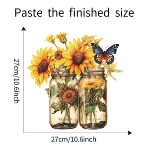 Detail showing watercolor sunflower stickers in mason jars with butterfly 27cm size