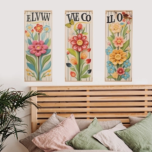 Three-piece vertical floral wall art set with yellow accents and decorative typography