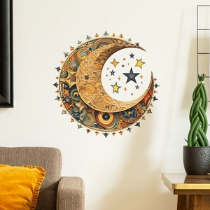 Sticker Mural en PVC Bohémien Mandala Soleil Lune Étoiles Effet Relief Décalcomanie pour Salon Chambre Décoration Artistique Maison