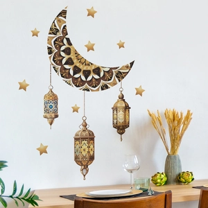 Islamic moon and stars wall stickers with golden lanterns and mandala patterns