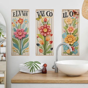 Three-piece floral wall art set with yellow flowers and elegant typography for home decor