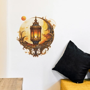 Detailed wall sticker featuring golden Middle Eastern lanterns and moon patterns in home setting