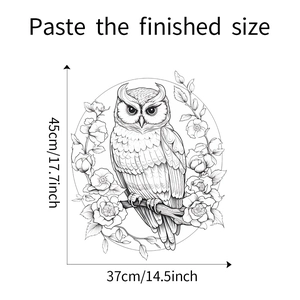 Detail view showing the 45x37cm dimensions of the sketched owl and flower wall sticker