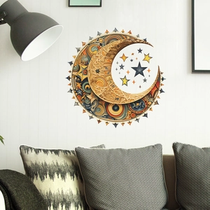Sticker mural mandala céleste avec lune et étoiles en style ethnique bohème
