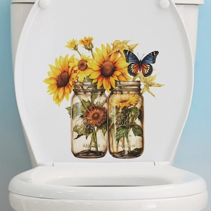 Sunflower Butterfly Mason Jar Toilet Sticker Waterproof PVC Bathroom Decor Decal Removable Floral Wall Sticker For Restroom Lid