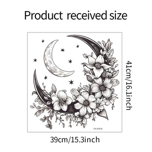Detailed dimension guide for black moon and stars wall decal showing size 39cm x 41cm