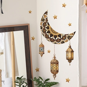 Mandala moon and gold lantern wall stickers for festive home wall decoration