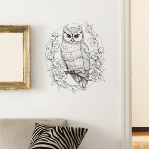 Sketch owl and flower wall sticker for home decor shown in a modern living room