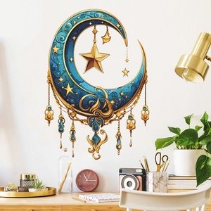 Bohemian Style Crescent Moon And Stars Wall Sticker Blue Gold PVC Waterproof Decal For Home Living Room Bedroom Decoration