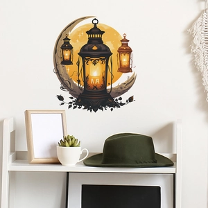 Ramadan wall sticker with golden lanterns and crescent moon for living room decor