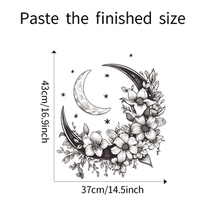 Detailed dimensions of moon and floral wall sticker showing 43cm by 37cm finished size