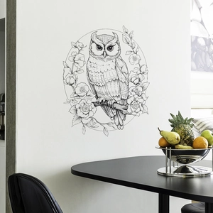 Sketch owl with flowers wall sticker on white wall over a modern dining table setup