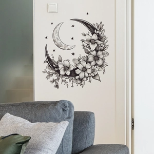 Creative black and white moon wall decal with flowers and stars for home decor