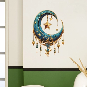 Bohemian moon and star wall decal with crystal pendants in blue and gold colors