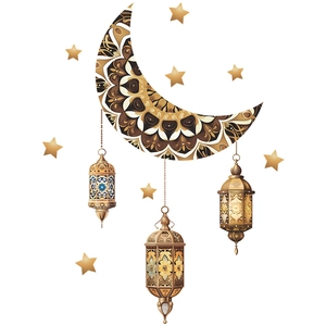 Ramadan moon and star wall decals with gold mandala patterns and hanging lanterns