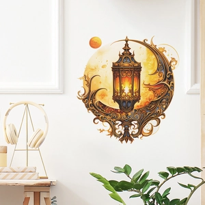 Ethnic Middle Eastern golden crescent moon and lantern wall sticker for home decor