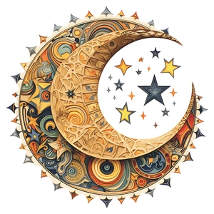 Sticker mural soleil et lune style bohème avec motifs gravure sur bois pour décoration
