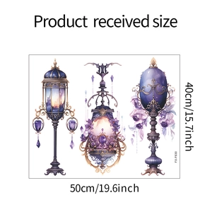 Detailed sheet showing dimensions of dreamlike purple chandelier wall stickers 50x40cm