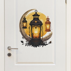 Detail of Ramadan crescent moon and vintage lanterns wall sticker on a white door