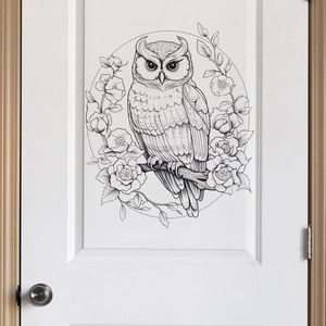 Detailed sketch of owl and floral pattern applied on a white wooden bedroom door