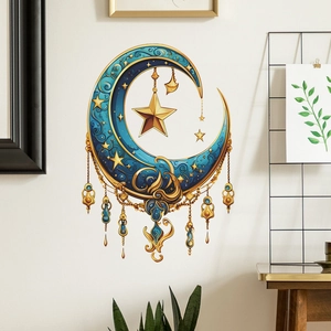 Exquisite blue and gold moon and star wall hanging with detailed scroll patterns