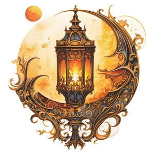 Ethnic style lantern wall sticker with intricate golden metal floral patterns and moon