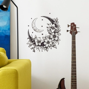 Artistic black and white moon and floral wall sticker for modern home living room decor