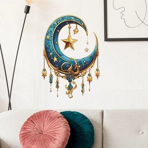 Exotic blue moon and golden star wall hanging decor with jewel pendants on white wall