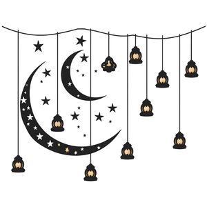 Adesivo murale con luna e stelle per Ramadan e lanterne appese in nero e oro