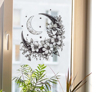 Creative black and white moon and floral wall sticker for window and home decoration